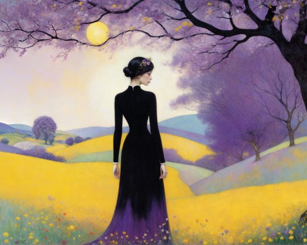 Serene landscape with woman in black dress and cat