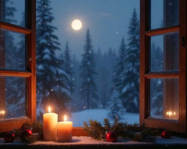 Cozy Winter Window View with Candles and Snowy Landscape
