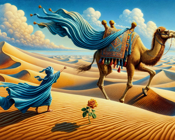 Desert Scene with Figure, Camel, and Blooming Rose