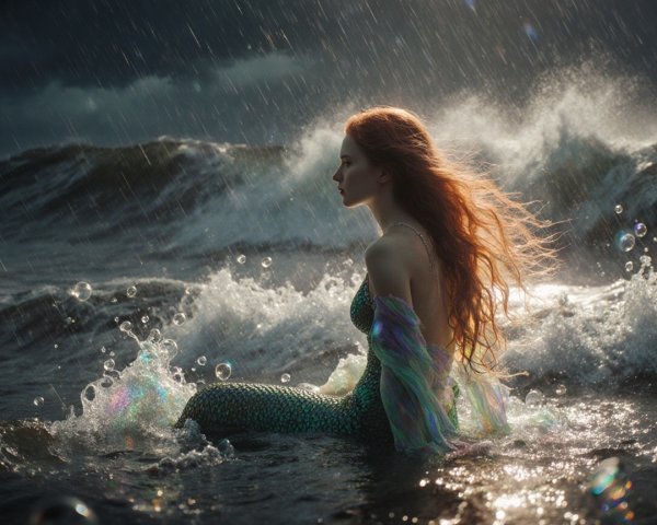 Mermaid in turbulent ocean waves with red hair