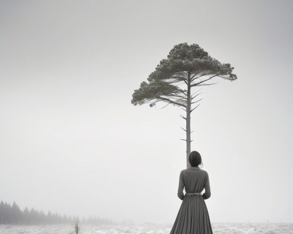 Dark-haired woman in gray dress in snowy landscape