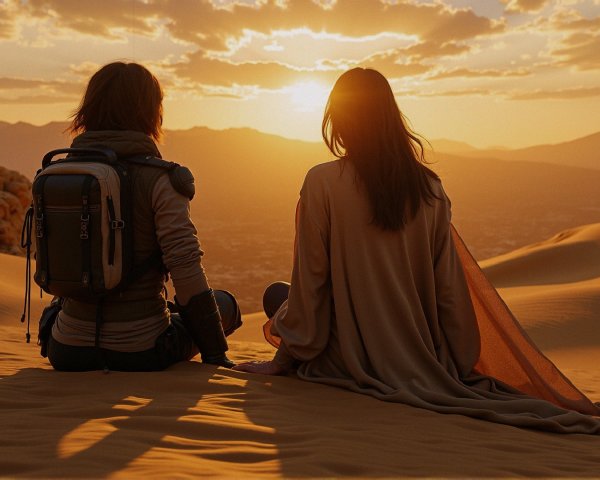 Figures on Sand Dunes Watching a Sunset Scene
