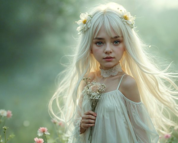 Young girl in floral dress among colorful flowers