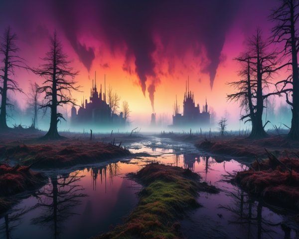 Surreal Landscape with Gothic Castles and Sunset Skies