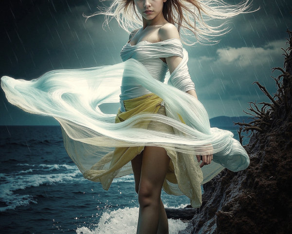 Young woman in flowing attire on rocky shore with storm