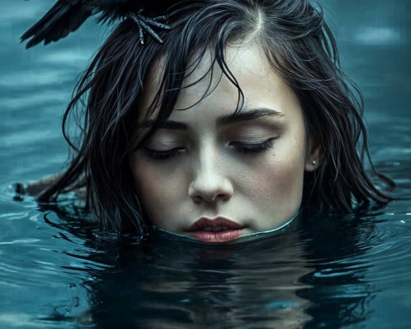 Young Woman in Water with Crow in Misty Background