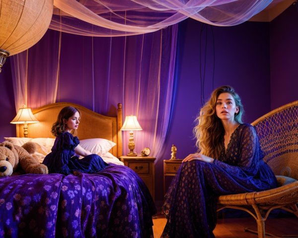 Cozy Purple-Themed Bedroom with Two Women and Soft Lighting