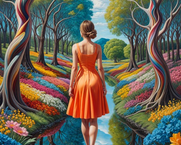 Woman in Orange Dress on Serene Flower Path