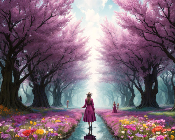 Serene landscape with blooming pink trees and pathway