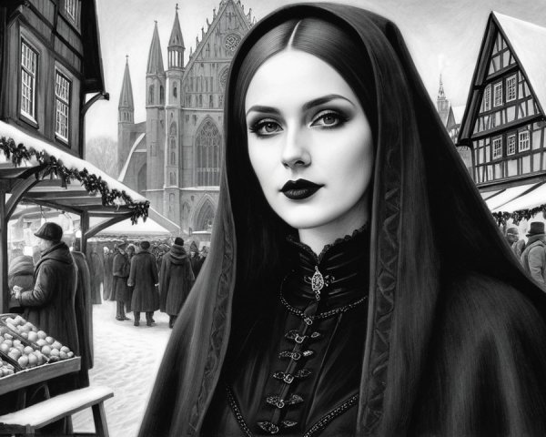 Monochromatic Winter Scene with Woman in Black Cape