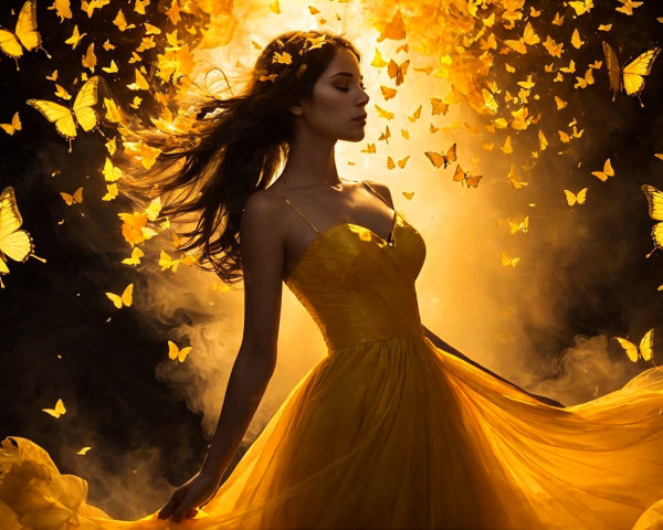 Woman in Yellow Gown Surrounded by Golden Butterflies