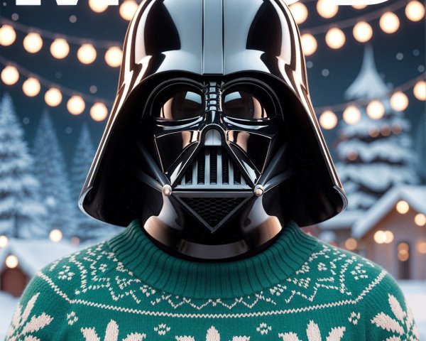 Festive Scene with Sci-Fi Helmet and Holiday Sweater