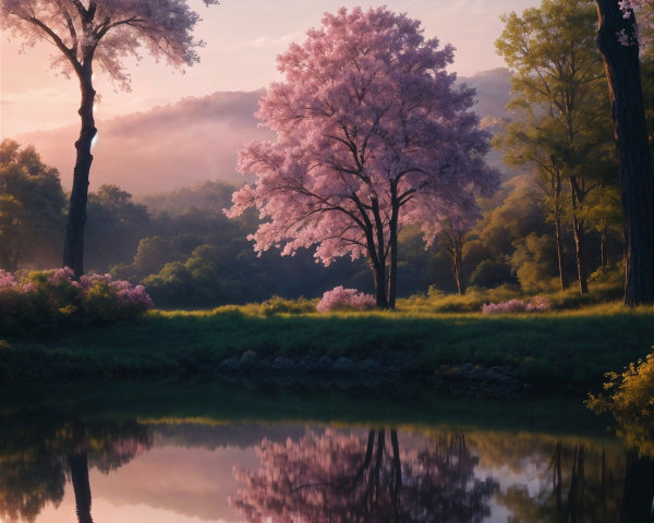Serene Landscape with Pink Blossoms and Tranquil Waters