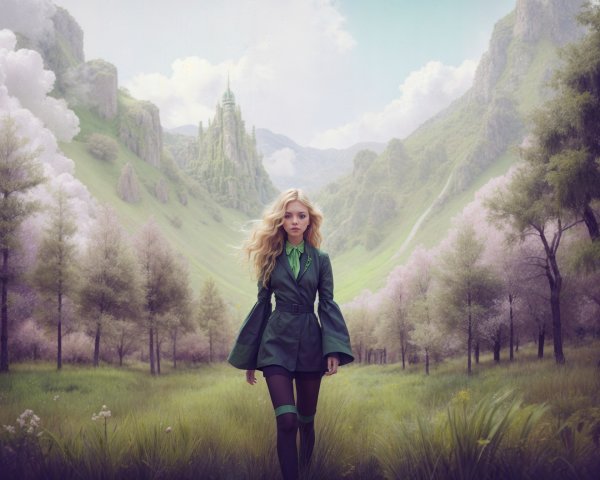 Young woman in green outfit in a lush valley scene