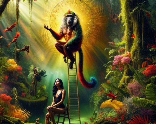 Woman on Ladder in Magical Jungle with Colorful Monkey
