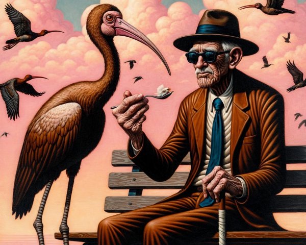 Elderly man with spoon and bird in colorful park scene