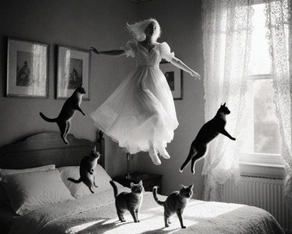 Dreamy Black-and-White Scene with Levitating Woman