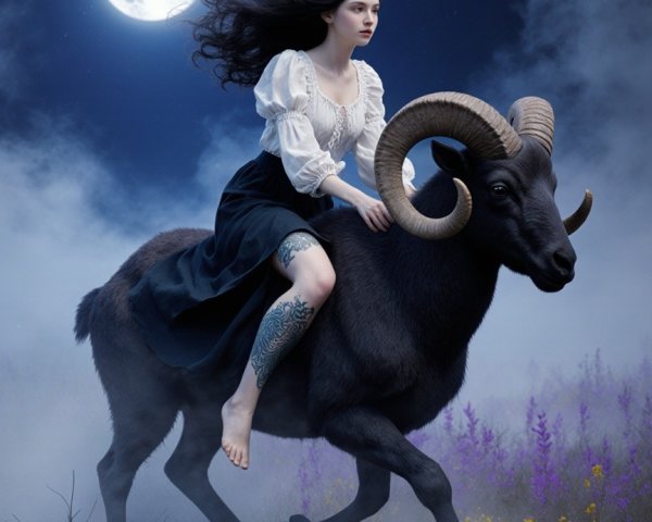 Mystical Moonlit Scene with Woman Riding a Ram