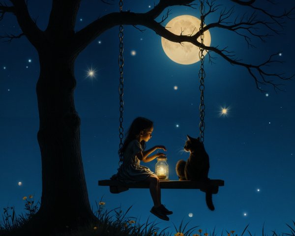 Tranquil Night Scene with Girl, Lantern, and Cat