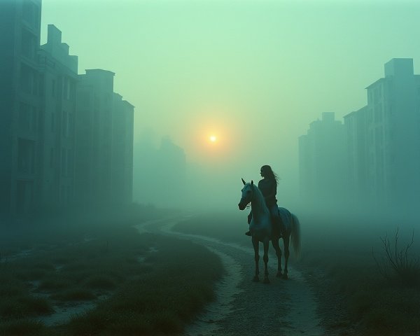 Solitary Rider on White Horse in Foggy Landscape
