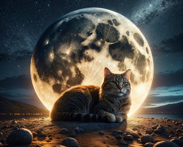 Tabby Cat Under Moonlit Night Sky with Stars