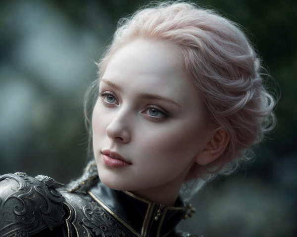 Young woman in dark armor with pink hair in nature