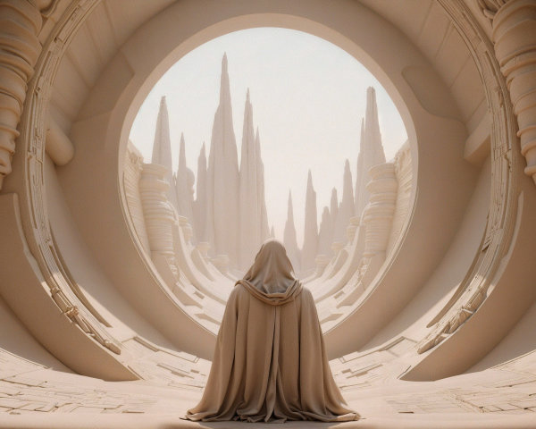 Surreal Minimalist Landscape with Cloaked Figure and Portal