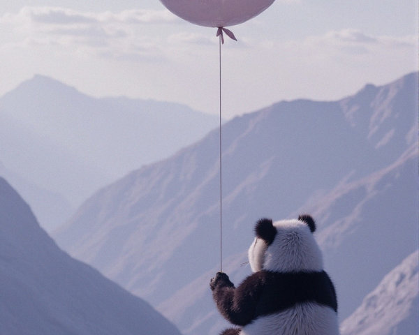 Panda with Balloon on Rocky Outcrop in Tranquil Landscape