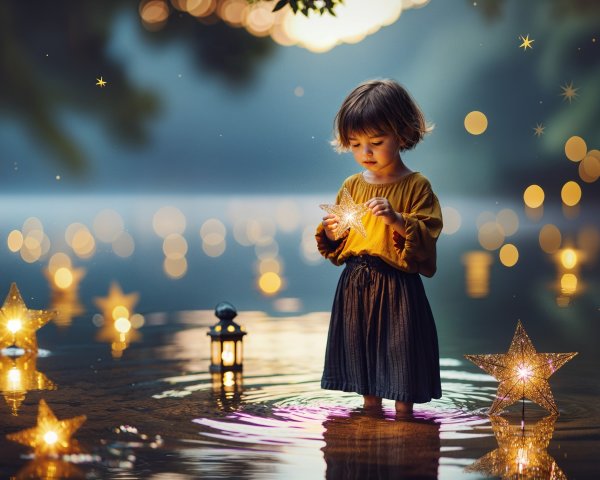 Child in tranquil water surrounded by stars and lanterns