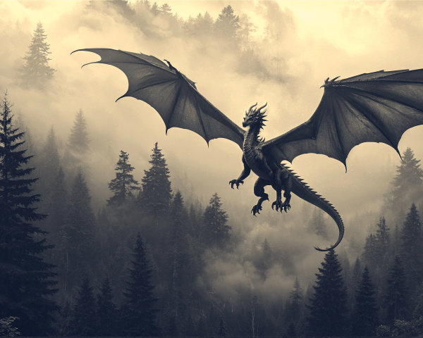 Dragon Soaring Over Misty Forest Landscape