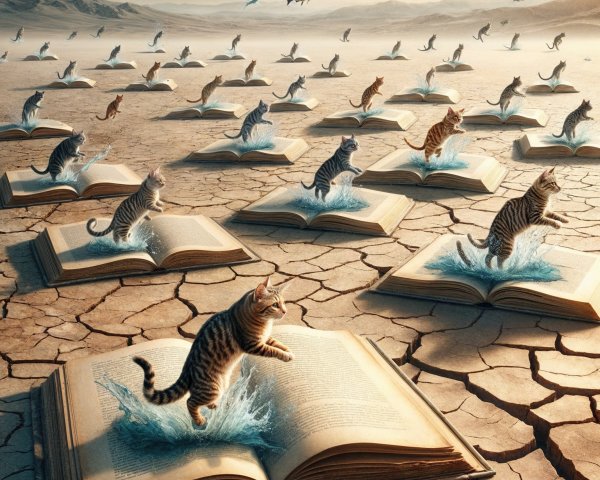 Surreal Landscape with Books, Water, and Cats