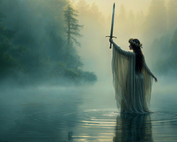Mystical Figure with Sword in Foggy Lake Setting