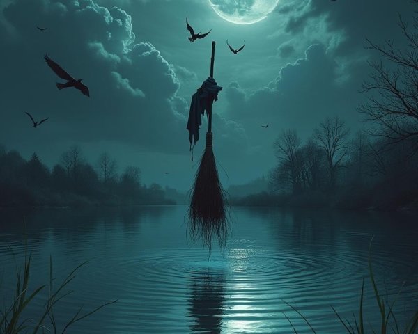Mystical Scene with Broomstick and Full Moon Over Lake