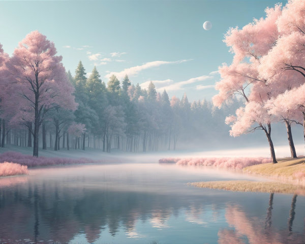 Tranquil River Landscape with Pastel Hues and Fog