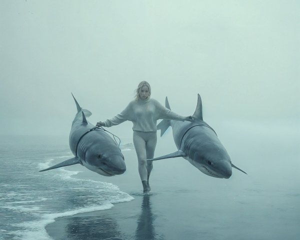 Coastal Scene with Figure and Sharks on the Shore