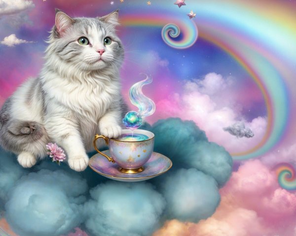 Fluffy Cat on Cloud with Teacup and Rainbow Background