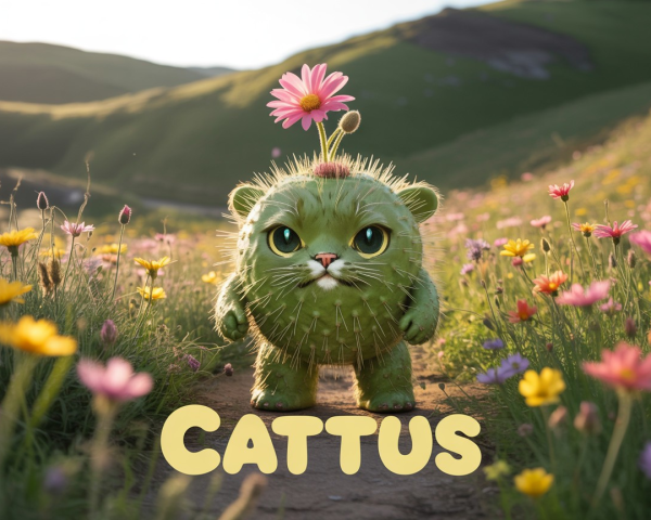 Whimsical Cattus Creature in Colorful Flower Field