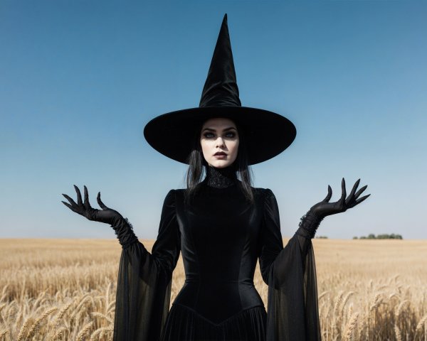 Mysterious Figure in Wheat Field with Witch's Hat