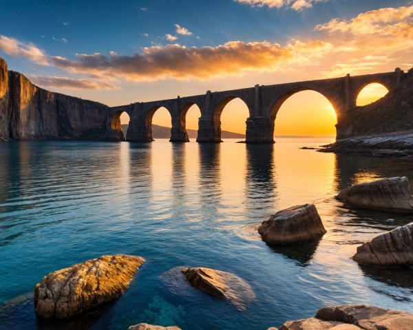 Golden Sunset Over Ancient Stone Bridge and Cliffs