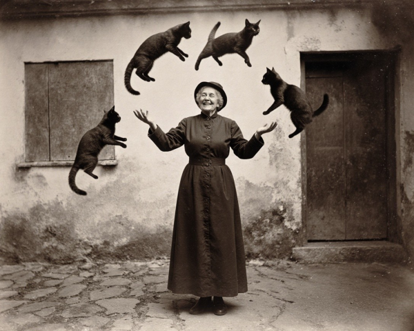 Elderly Woman Juggling Cats Outside Rustic Building