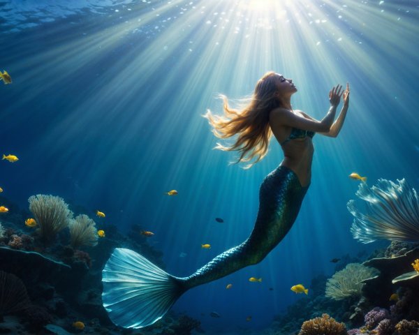 Mermaid in Vibrant Underwater Scene with Coral and Fish
