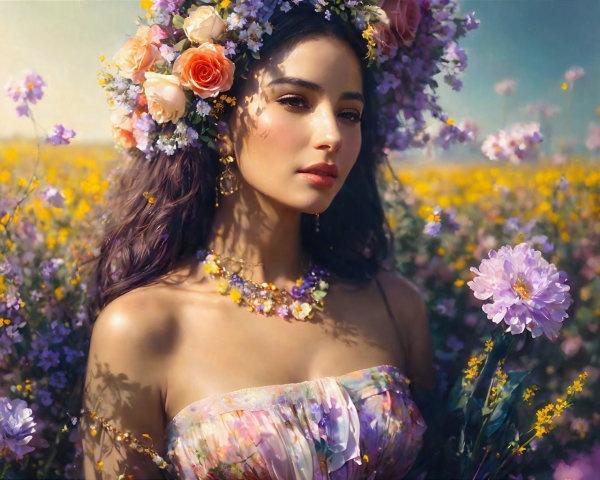 Young Woman in Floral Dress in Flower Field