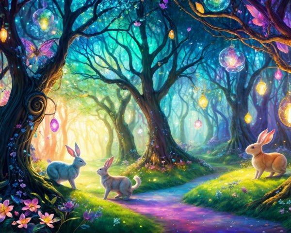 Enchanted Forest with Rabbits and Vibrant Flora