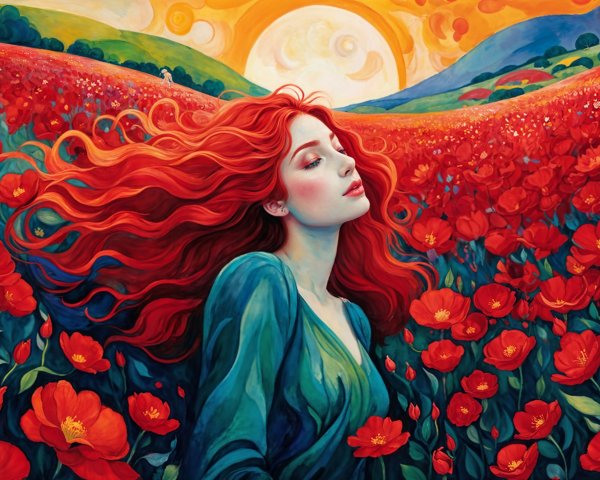 Young Woman in Green Dress Among Blooming Poppies