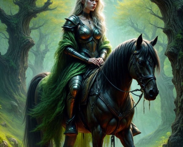 Warrior on Black Horse in Mystical Forest Setting
