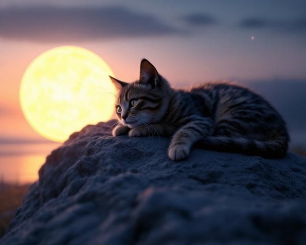 Striped Cat Relaxing Under a Glowing Moon at Dusk