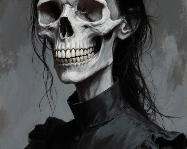 Haunting Skeleton with Elongated Skull and Dark Hair