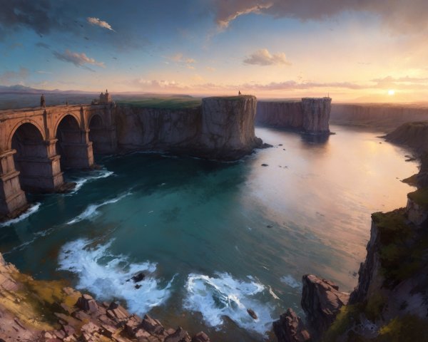 Sunset Landscape with Cliffs and Ancient Stone Bridge