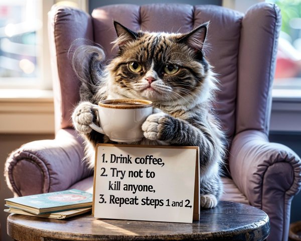 Fluffy Cat in Cozy Chair with Coffee and Humor Sign