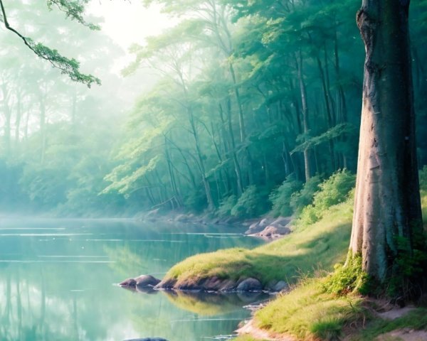 Serene forest scene by a calm river with mist